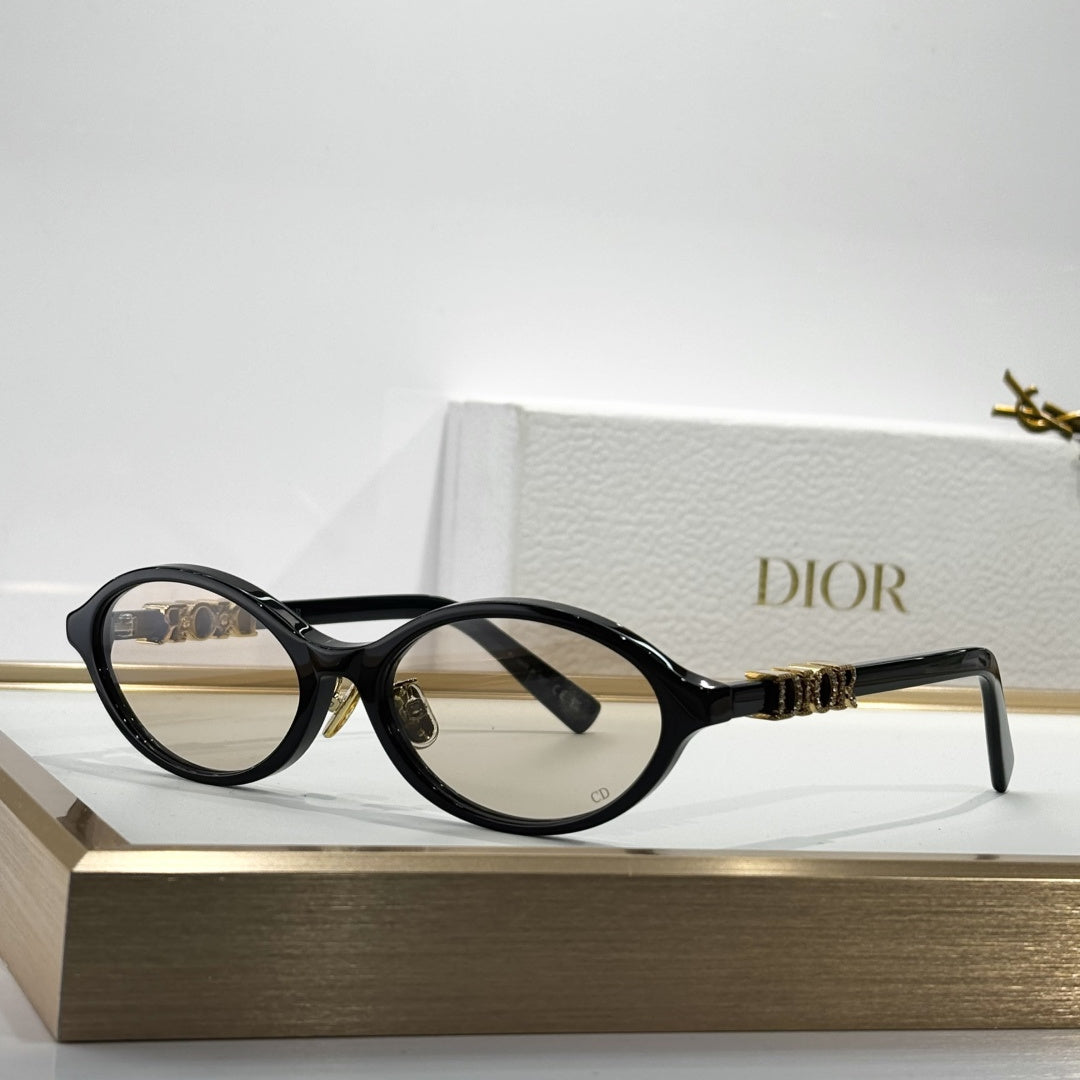 D**R Oval Cat-Eye Sunglasses | Acetate & Metal Inner Frame, Crystal-Set DIOR Letter Temple, Gradient Brown or Flat Grey Lenses | 6 Colors incl. Transparent Pink & Black