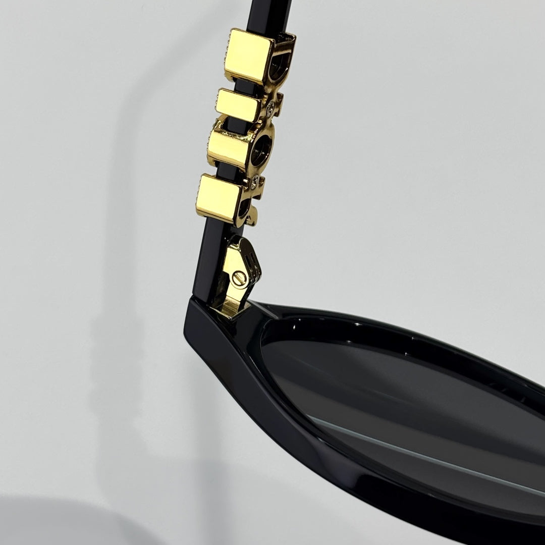 D**R Oval Cat-Eye Sunglasses | Gloss Black Acetate Frame, 3D DIOR Letter Hinge Block, Gold Metal Nose Bridge, Flat Grey Lenses