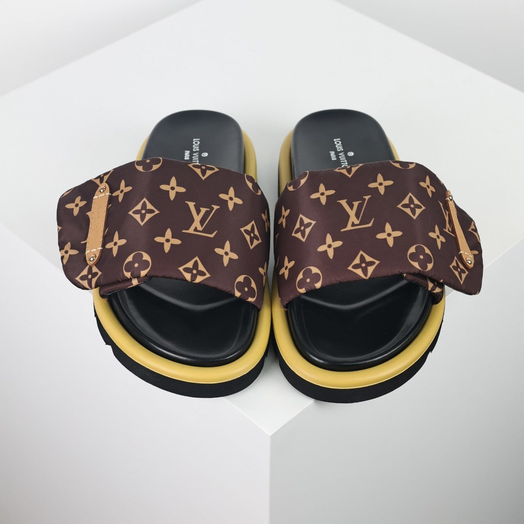 L***V Brown Classic Monogram Canvas Gold Safety Pin Platform Slide Sandals — 2024 Spring Summer Boutique Limited Edition