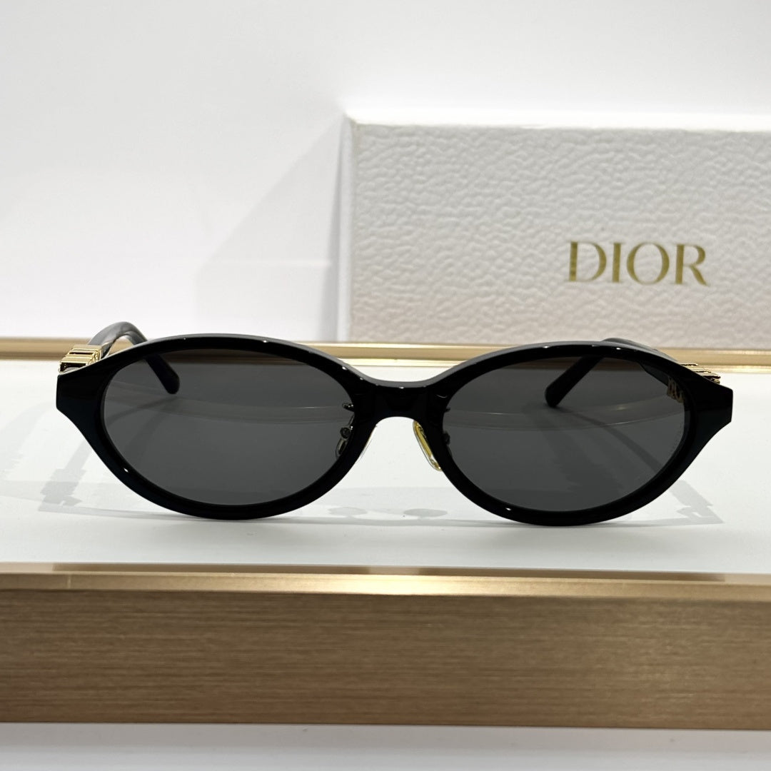 D**R Oval Cat-Eye Sunglasses | Gloss Black Acetate Frame, 3D DIOR Letter Hinge Block, Gold Metal Nose Bridge, Flat Grey Lenses