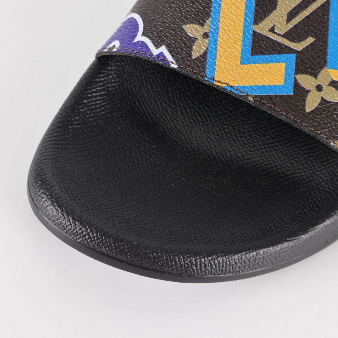 L***V Camo Multicolor Sticker Print Waterfront Wide Strap Slide Sandals — Spring Summer Boutique Limited Edition