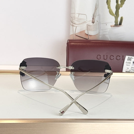 D**R Oversized Rimless Butterfly Sunglasses with Grey Gradient Lens, Silver Temples & Sculptural Black Flower Cluster Embellishment