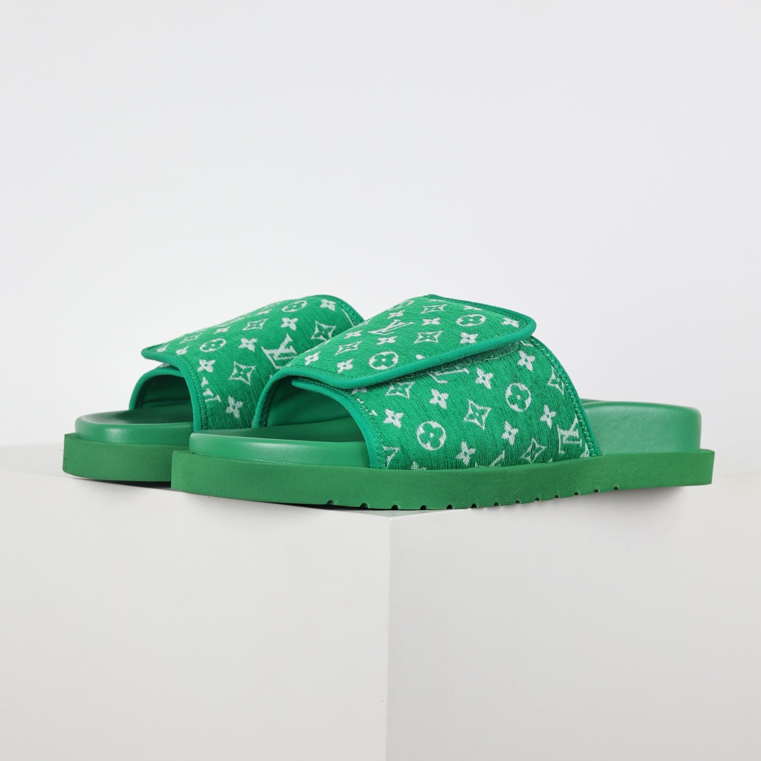 L***V Grass Green Monogram Jacquard Twisted Bow Ruched Strap Miami Slide Sandals — Spring Summer Boutique Limited Edition