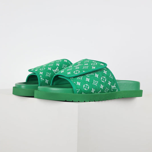 L***V Grass Green Monogram Jacquard Twisted Bow Ruched Strap Miami Slide Sandals — Spring Summer Boutique Limited Edition