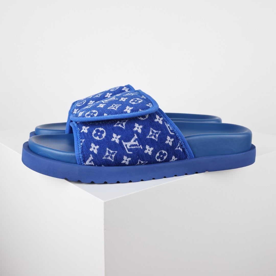 L***V Royal Blue Monogram Jacquard Velcro Adjustable Wide Strap Miami Slide Sandals — Spring Summer Boutique Limited Edition