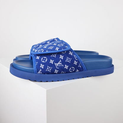 L***V Royal Blue Monogram Jacquard Velcro Adjustable Wide Strap Miami Slide Sandals — Spring Summer Boutique Limited Edition
