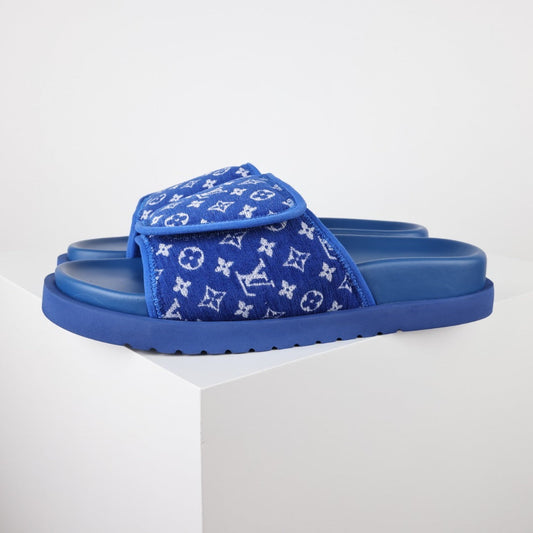 L***V Royal Blue Monogram Jacquard Velcro Adjustable Wide Strap Miami Slide Sandals — Spring Summer Boutique Limited Edition