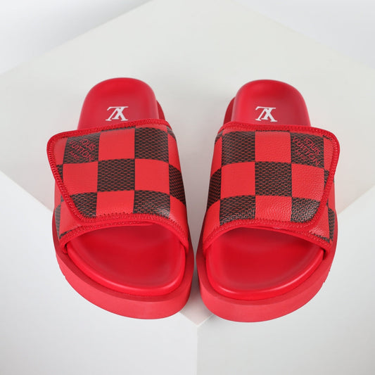 L***V Scarlet Red Dark Brown Damier Checkerboard Velcro Adjustable Wide Strap Miami Slide Sandals — Spring Summer Boutique Limited Edition