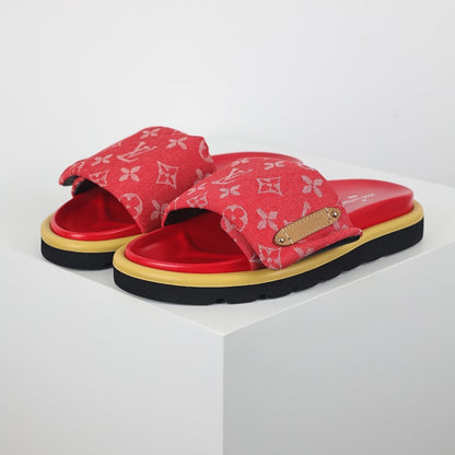 L***V Red Monogram Canvas Gold Safety Pin Double Strap Platform Slide Sandals — 2024 Spring Summer Boutique Limited Edition