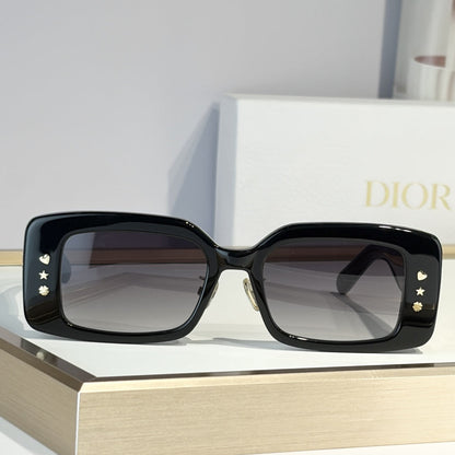 D**R Slim Rectangular Sunglasses | Black Acetate Frame, Grey Gradient Lenses & Gold Logo Temple