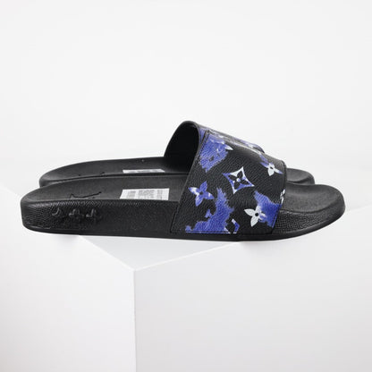 L***V Black Blue Purple Multicolor Monogram Floral Waterfront Wide Strap Slide Sandals — Spring Summer Boutique Limited Edition