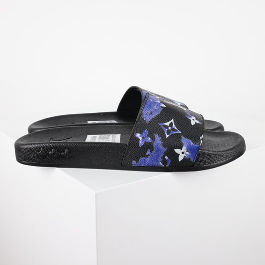 L***V Black Blue Purple Multicolor Monogram Floral Waterfront Wide Strap Slide Sandals — Spring Summer Boutique Limited Edition