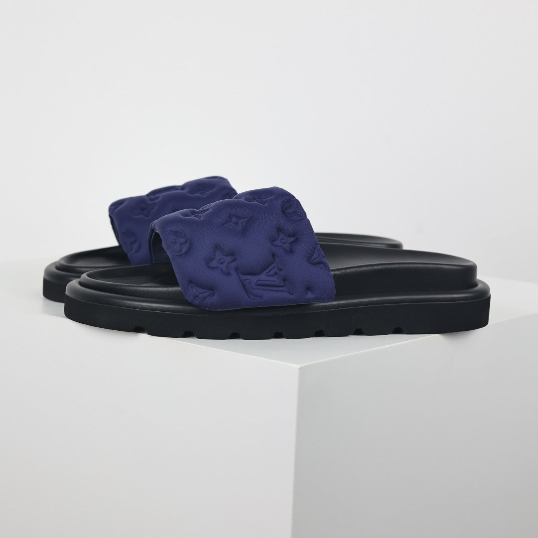 L***V Navy Blue Tonal Monogram Puffy Quilted Wide Strap Platform Slide Sandals — 2024 Spring Summer Boutique Limited Edition