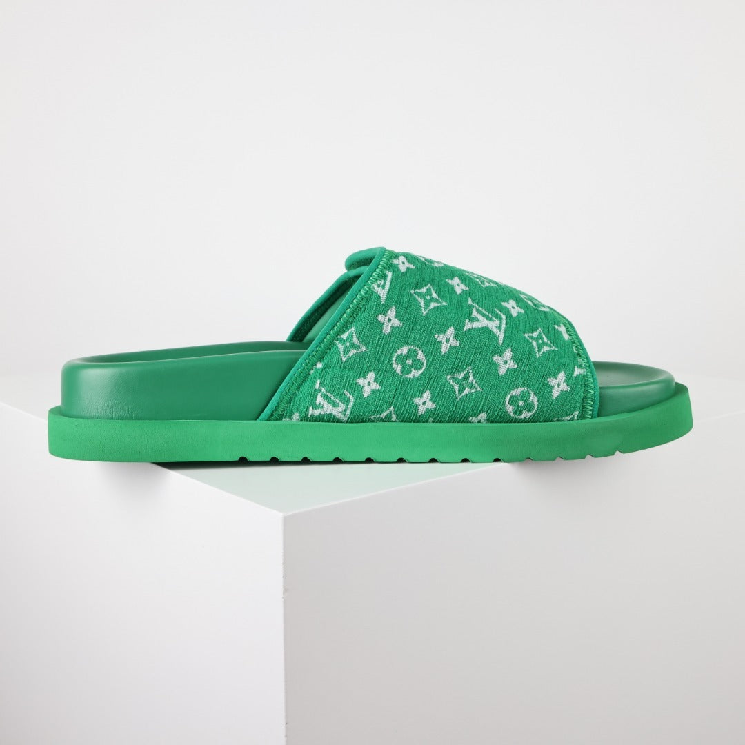 L***V Grass Green Monogram Woven Jacquard Velcro Adjustable Wide Strap Miami Slide Sandals — Spring Summer Boutique Limited Edition