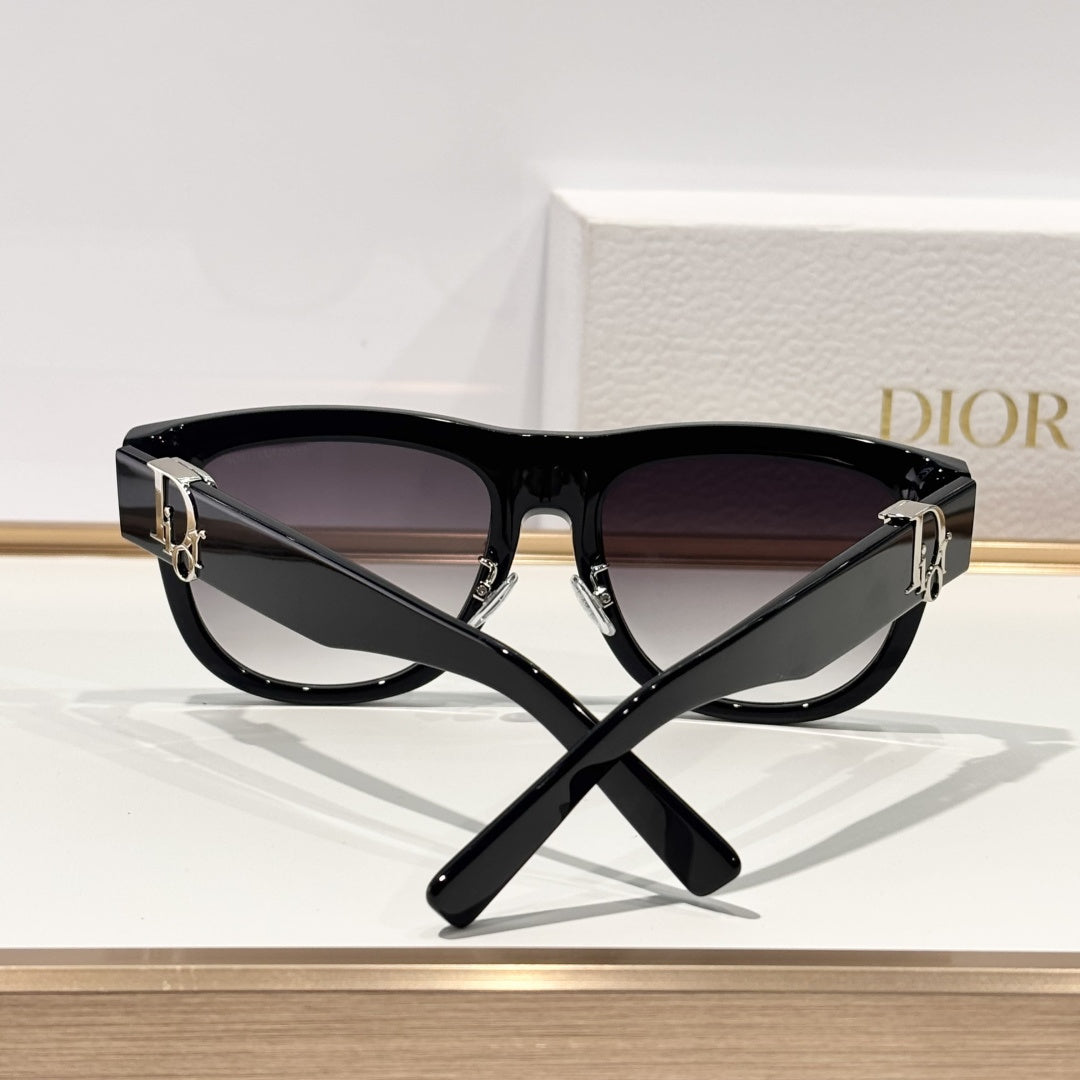 D**R Square Cat-Eye Sunglasses | Gloss Black Acetate Frame, Gold CD Letter Hinge Inlay, Gradient Grey Lenses