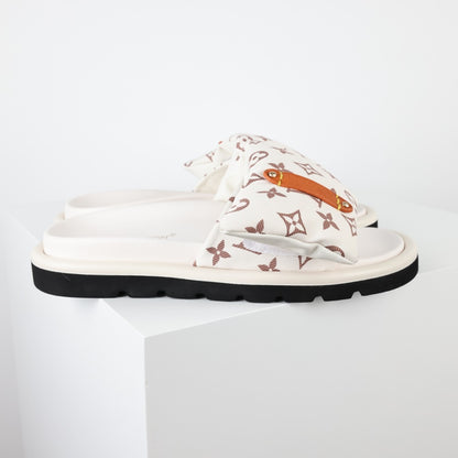 L***V Monogram Canvas Velcro Strap Slide Sandals — SS24 Cream Wide Band Slip-On Pool Beach Slippers (4 Colors)