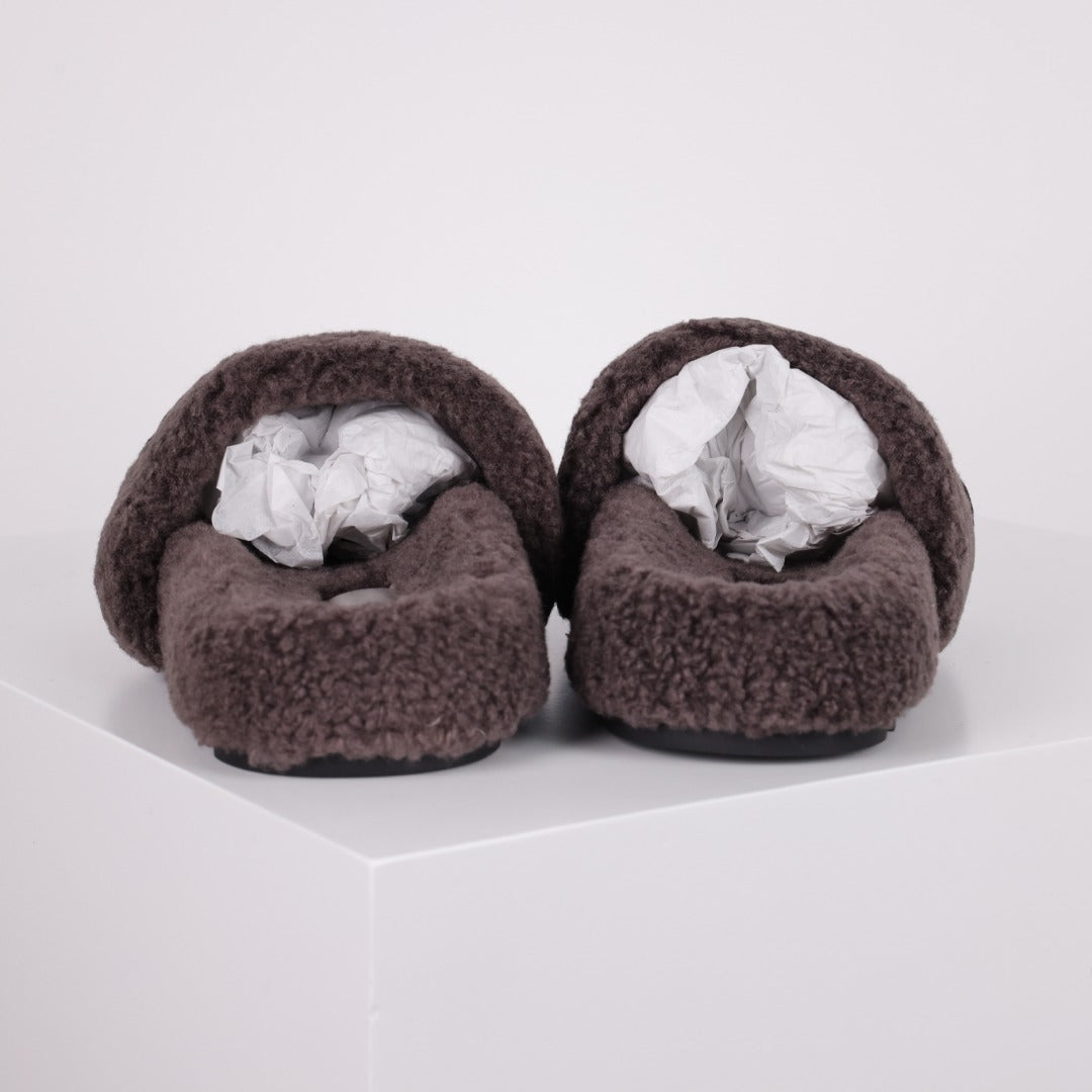L***V Dark Chocolate Brown Tonal Monogram Shearling Lambswool Double Strap Slide Sandals — Autumn Winter Boutique Limited Edition