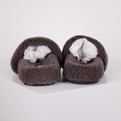 L***V Dark Chocolate Brown Tonal Monogram Shearling Lambswool Double Strap Slide Sandals — Autumn Winter Boutique Limited Edition