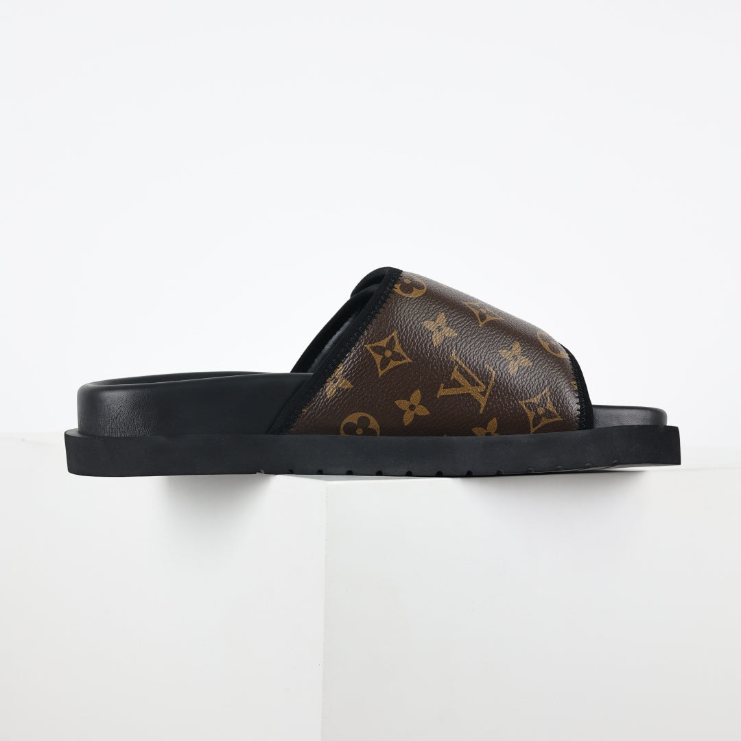 L***V Classic Brown Monogram Canvas Pillow Wide Strap Slip-On Miami Slide Sandals — Spring Summer Boutique Limited Edition
