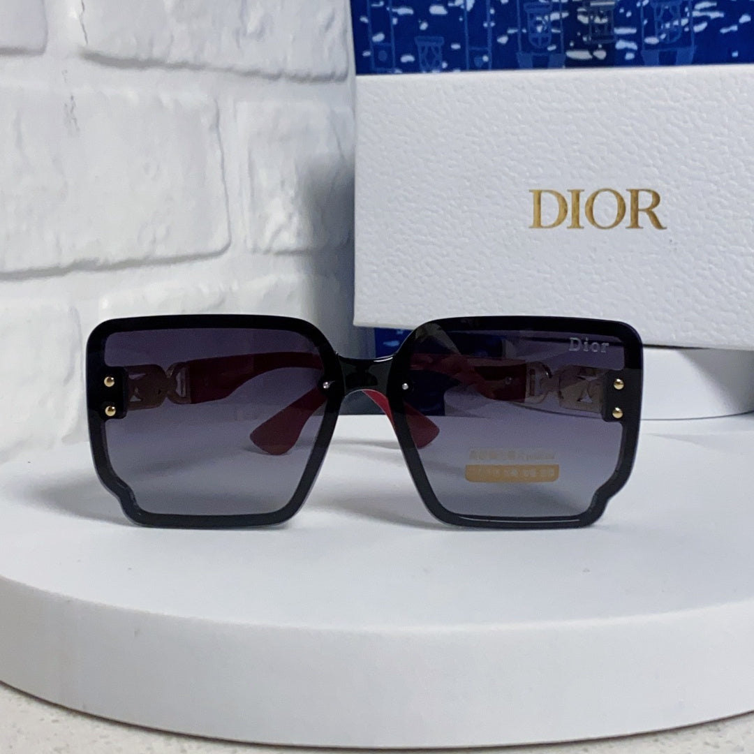 D**R Oversized Square Sunglasses | Black Frame, Red Temple, Gold CD Logo & Grey Gradient Lenses