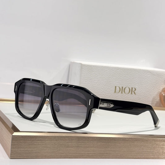 D**R Oversized Square Acetate Sunglasses | Gloss Black Frame, CD Rivet Temple, Silver Metal Tip, Light Gradient Grey Lenses
