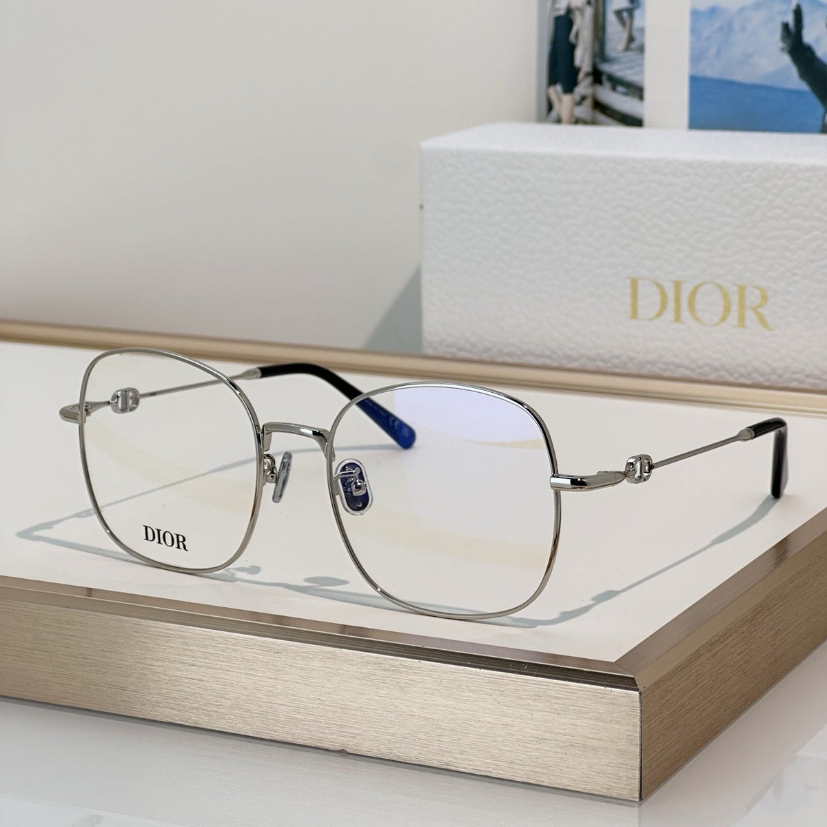 D**R Square Round Optical Glasses with Slim Gold Metal Wire Frame, Clear Blue Light Lenses & CD Logo Hinge Hardware
