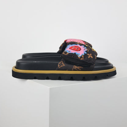 L***V Brown Monogram Graffiti Circle Print Wide Strap Platform Slide Sandals — Spring Summer Boutique Limited Edition