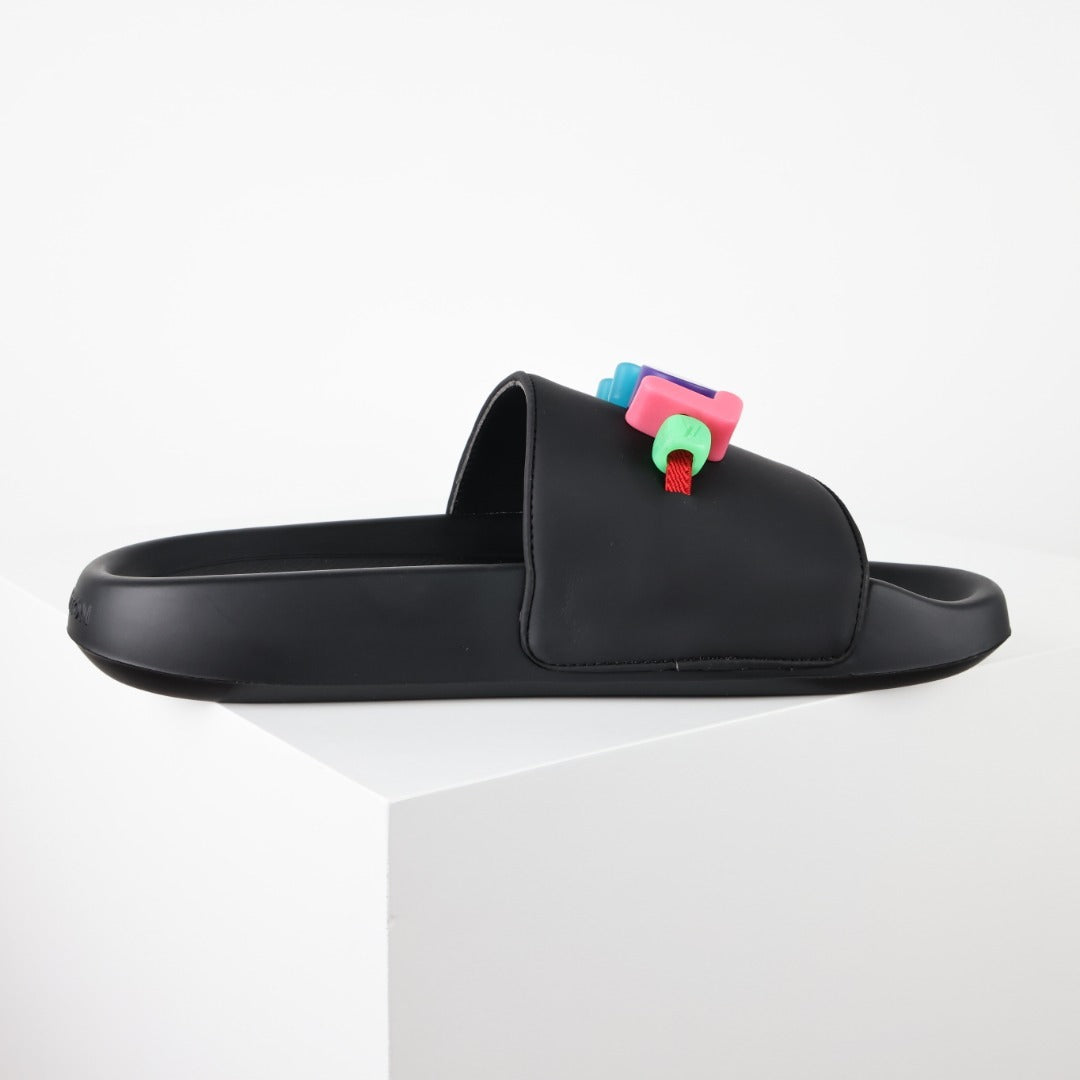 L***V Rubber Pool Slide Sandals — SS23 Limited Edition 3D Logo Charm Slip-On Beach Slippers (Black)