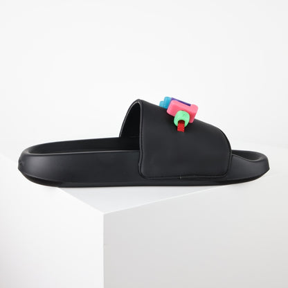 L***V Rubber Pool Slide Sandals — SS23 Limited Edition 3D Logo Charm Slip-On Beach Slippers (Black)