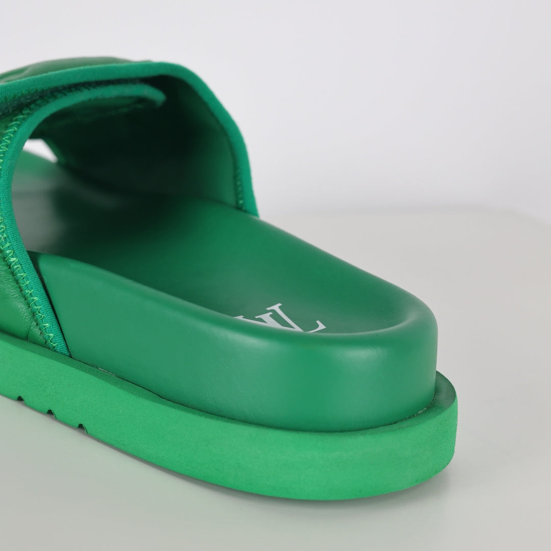 L***V Grass Green Inflated Pillow Leather Velcro Adjustable Wide Strap Miami Slide Sandals — Spring Summer Boutique Limited Edition