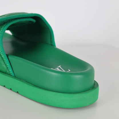 L***V Grass Green Inflated Pillow Leather Velcro Adjustable Wide Strap Miami Slide Sandals — Spring Summer Boutique Limited Edition
