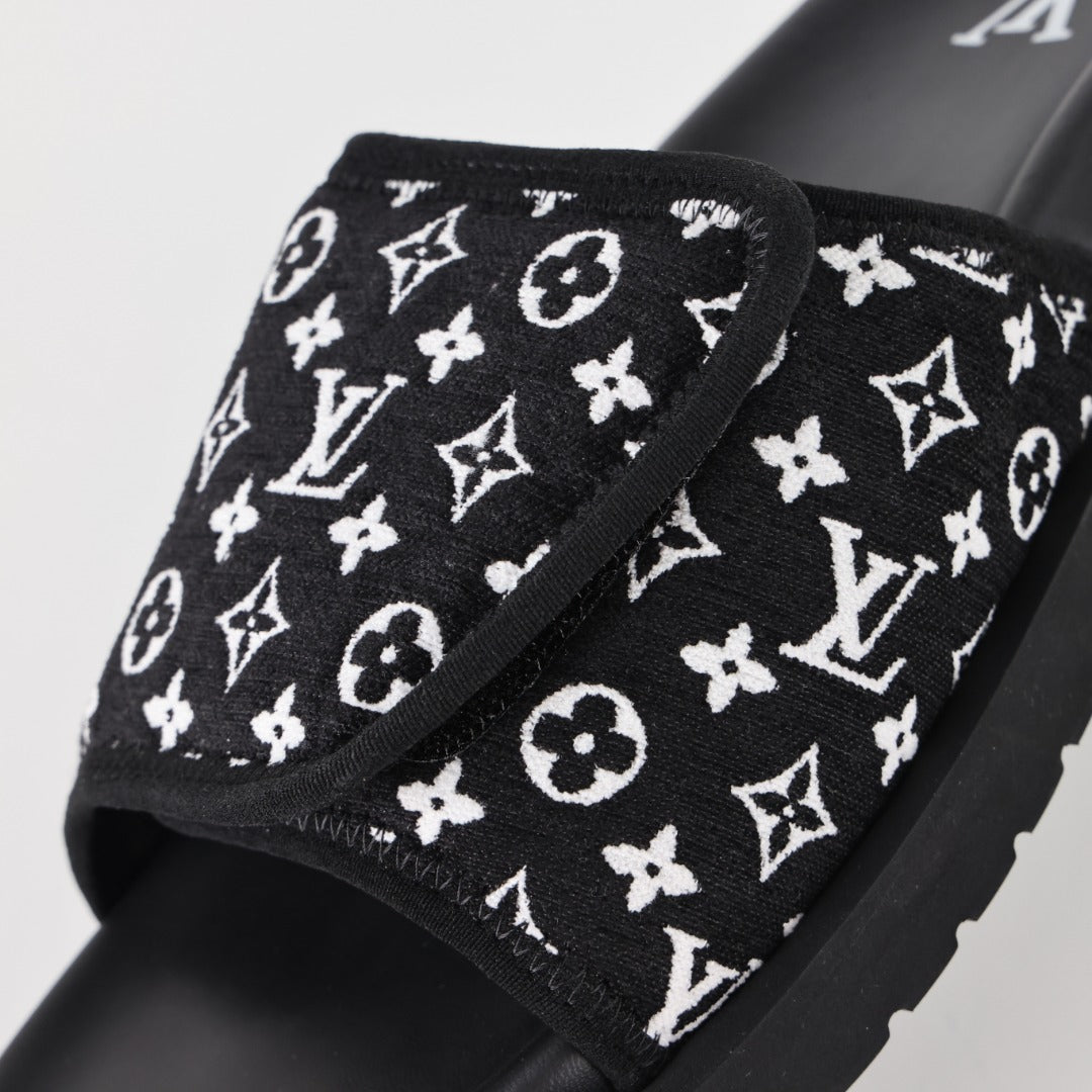 L***V Black White Monogram Woven Jacquard Slip-On Wide Strap Miami Slide Sandals — Spring Summer Boutique Limited Edition