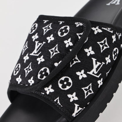 L***V Black White Monogram Woven Jacquard Slip-On Wide Strap Miami Slide Sandals — Spring Summer Boutique Limited Edition