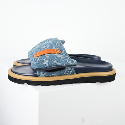 L***V Denim Monogram Double Strap Velcro Slide Sandals — SS24 Wide Band Slip-On Pool Beach Slippers (4 Colors)