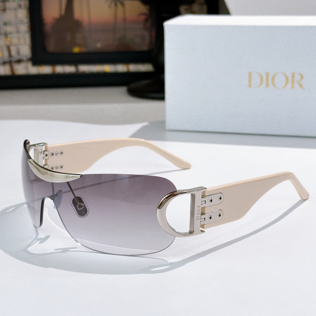 D**R Rimless Wraparound Shield Sunglasses with Grey Purple Gradient Lens, Black Temples & Oversized Gold CD Logo Hardware
