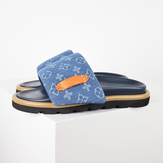 L***V Denim Monogram Velcro Strap Slide Sandals — Wide Band Adjustable Pool Beach Slippers (8 Colors)