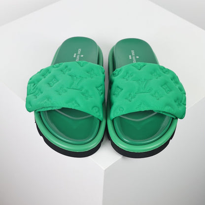 L***V Kelly Green Tonal Monogram Puffy Quilted Wide Strap Platform Slide Sandals — 2024 Spring Summer Boutique Limited Edition