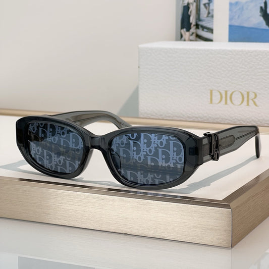 D**R Slim Oval Sunglasses with Smoky Transparent Grey Frame, CD Oblique Monogram Print Lenses & Gunmetal Hardware