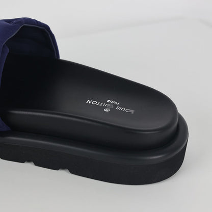 L***V Navy Blue Tonal Monogram Puffy Quilted Wide Strap Platform Slide Sandals — 2024 Spring Summer Boutique Limited Edition