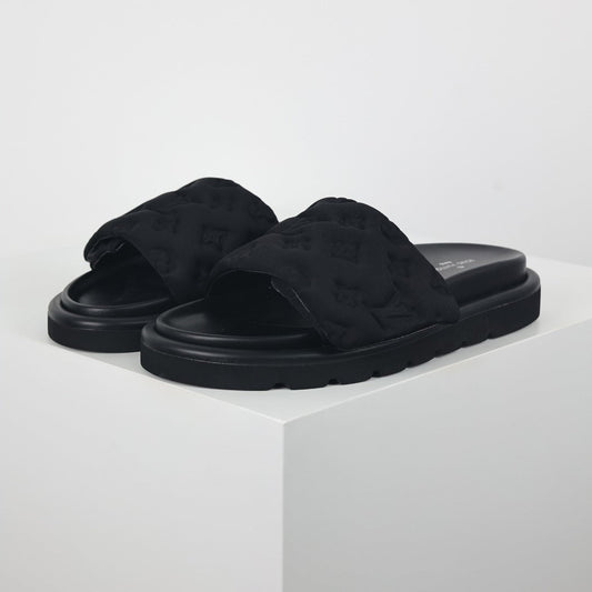 L***V All-Black Tonal Monogram Puffy Quilted Wide Strap Platform Slide Sandals — 2024 Spring Summer Boutique Limited Edition