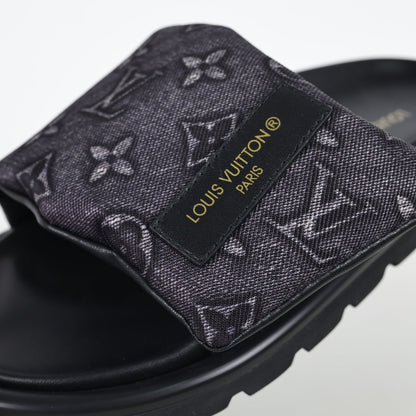 L***V All-Black Embossed Monogram Leather Wide Strap Platform Slide Sandals — Spring Summer Boutique Limited Edition