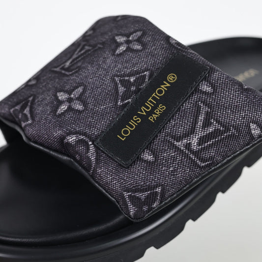L***V All-Black Embossed Monogram Leather Wide Strap Platform Slide Sandals — Spring Summer Boutique Limited Edition