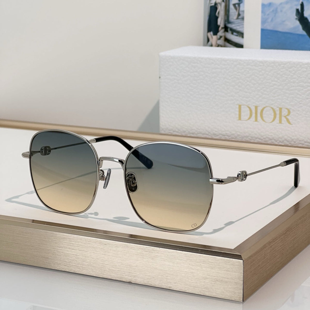 D**R Square Round Optical Glasses with Slim Gold Metal Wire Frame, Clear Blue Light Lenses & CD Logo Hinge Hardware