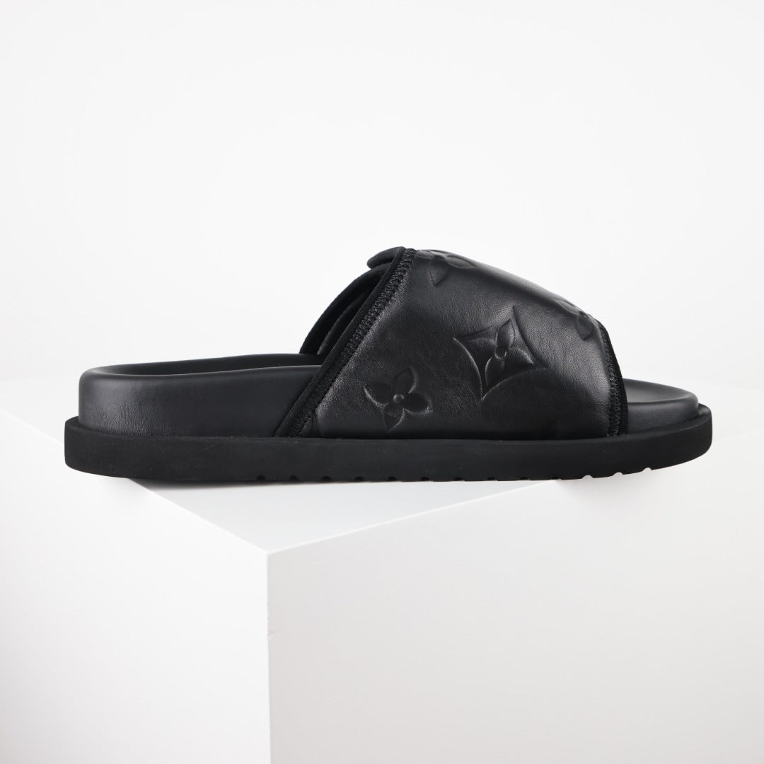 L***V All-Black Inflated Pillow Leather Velcro Adjustable Wide Strap Miami Slide Sandals — Spring Summer Boutique Limited Edition