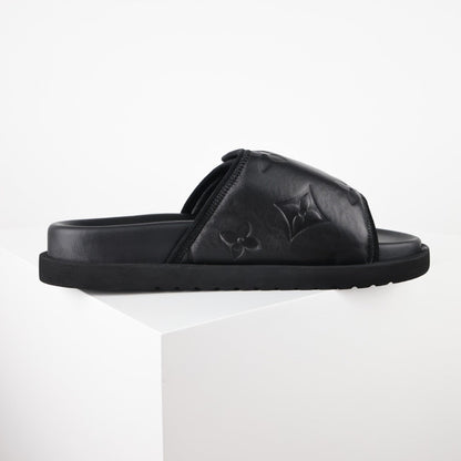 L***V All-Black Inflated Pillow Leather Velcro Adjustable Wide Strap Miami Slide Sandals — Spring Summer Boutique Limited Edition