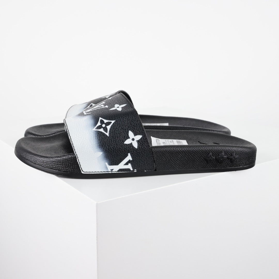 L***V Black White Gradient Oversized Monogram Waterfront Wide Strap Slide Sandals — Spring Summer Boutique Limited Edition