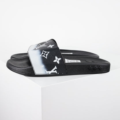 L***V Black White Gradient Oversized Monogram Waterfront Wide Strap Slide Sandals — Spring Summer Boutique Limited Edition