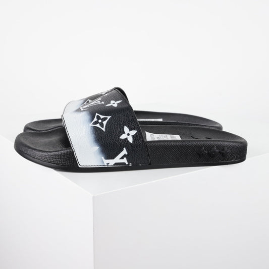 L***V Black White Gradient Oversized Monogram Waterfront Wide Strap Slide Sandals — Spring Summer Boutique Limited Edition