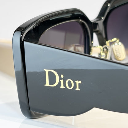 D**R Slim Rectangular Sunglasses | Black Acetate Frame, Grey Gradient Lenses & Gold Logo Temple