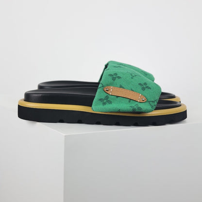 L***V Emerald Green Monogram Canvas Gold Bar Platform Slide Sandals — 2024 Spring Summer Boutique Limited Edition